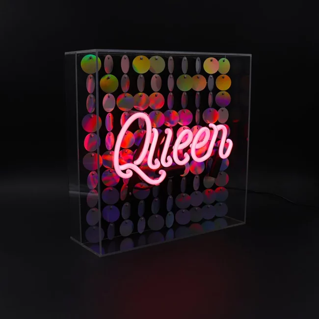 'Queen' Glass Neon Sign with Sequins